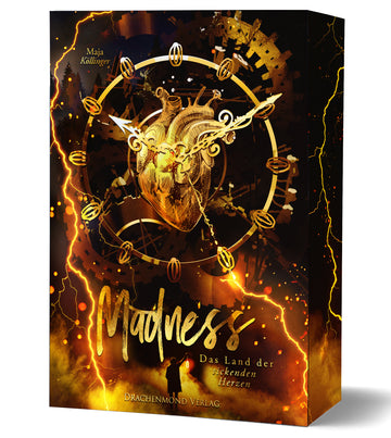 Das dunkelbraun-goldene Cover zeigt in der Mitte ein goldenes Herz inmitten einer mechanischen Uhr, mit Zahnrädern und verzierten Uhrzeigern. Der Titel ist im unteren Bereich des Covers, außerdem ziehen sich goldene Blitze und goldener Nebel über das Cover.